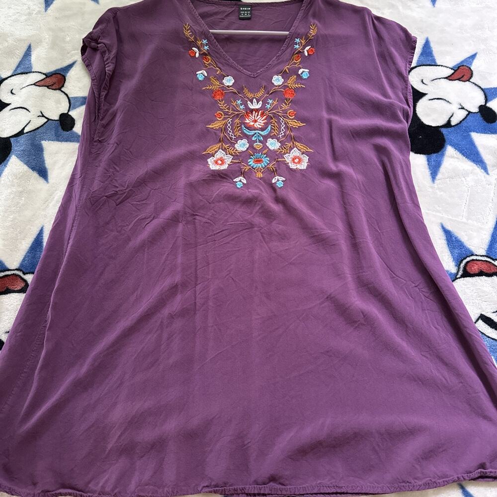 SHEIN Women’s Medium Purple Embroidered Floral V Neck Blouse Boho Fairycore